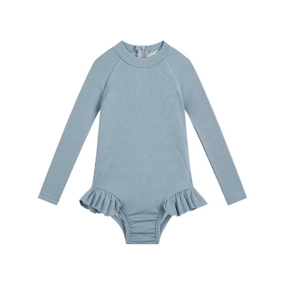WRKEKC Toddler Swimsuit Girl Solid Ribbed Long Sleeve Rash Guard Zip Back Ruffled Trim One Piece Bathing Suit 12 Months - 5 Years