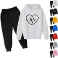 thumbnail image 1 of WRKEKC Toddler Winter Outfits for Girls Boys 3-14 Years Heartbeat Print Long Sleeve Hoodie and Drawstring Jogger Pants Two Piece Fun Warm Fall Set, 1 of 3
