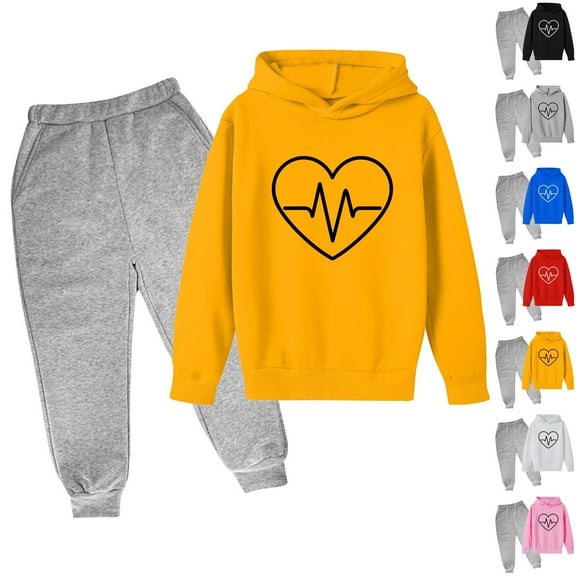 WRKEKC Toddler Winter Outfits for Girls Boys 3-14 Years Heartbeat Print Long Sleeve Hoodie and Drawstring Jogger Pants Two Piece Fun Warm Fall Set