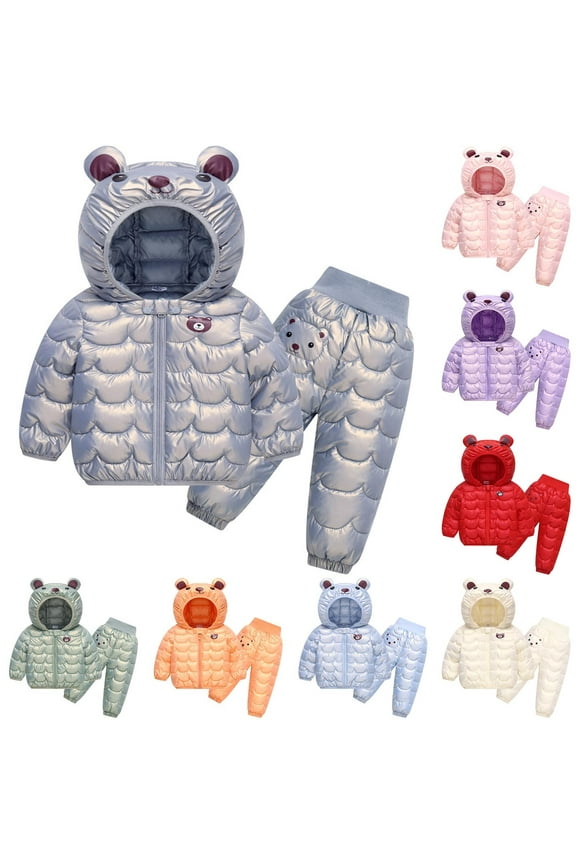 Toddler Winter Outfits for Girls Boys 6 Months-4 Years Bear Ear Hooded Puffer Jacket and Pants Two Piece Thickened Warm Fall Set