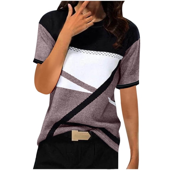 WRKEKC Trendy Casual Tops for Women Geometric Print Round Neck Short Sleeve T-Shirt Loose Fit with Breathable Material Stylish Summer Fashion