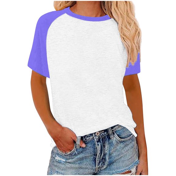 WRKEKC Trendy Casual Tops for Women Color Block Print Raglan Short Sleeve Crew Neck Pullover Fashion Everyday Tops