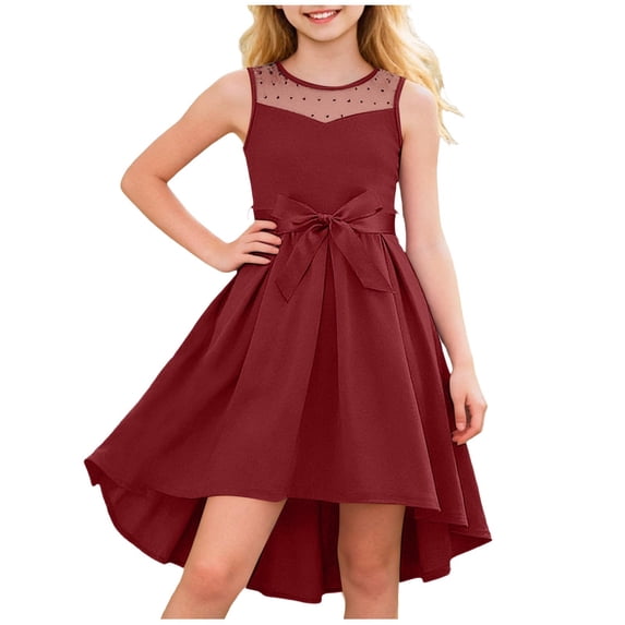 WRKEKC Tulle Dress for Girls Sleeveless Solid Satin Bow Belt Mesh Overskirt Pageant Princess Dress for 5-16 Years