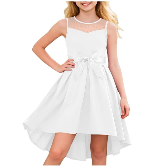 WRKEKC Tulle Dress for Girls Sleeveless Solid Satin Bow Belt Mesh Overskirt Pageant Princess Dress for 5-16 Years