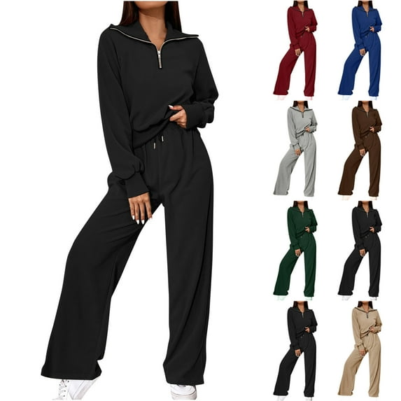 WRKEKC Two Piece Sets for Women, Casual Outfits for Women, Women's Fall Trendy Round Neck Long Sleeve Lapel Half Zipper Tops Blouses and Elastic Waist Long Pants Suit Sets