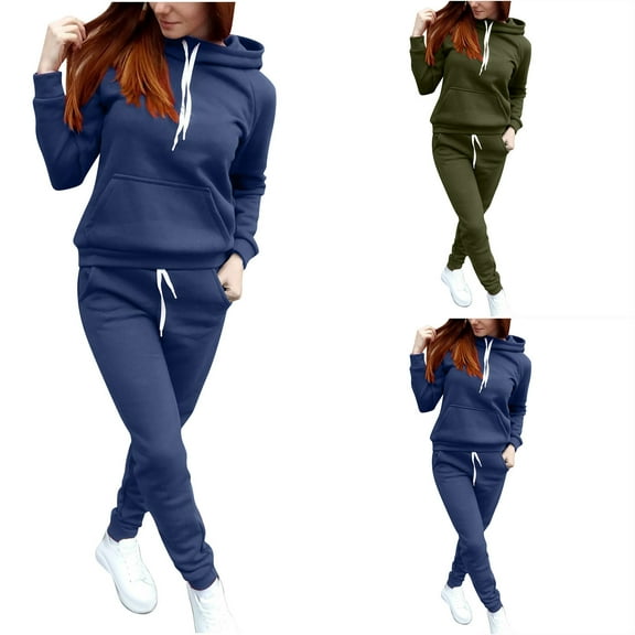 WRKEKC Two Piece Sets for Women, Casual Outfits for Women, Ladies' Fall Solid Color Hoodie Tops with Pocket and Sweatpant Sports Suit Set