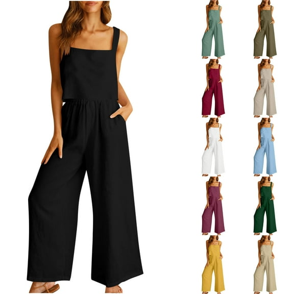 WRKEKC Two Piece Sets for Women, Casual Outfits for Women, Ladies' Summer 2-Piece Casual Linen Sleeveless Crew Neck Tank Tops and Wide-Leg Pants Suit