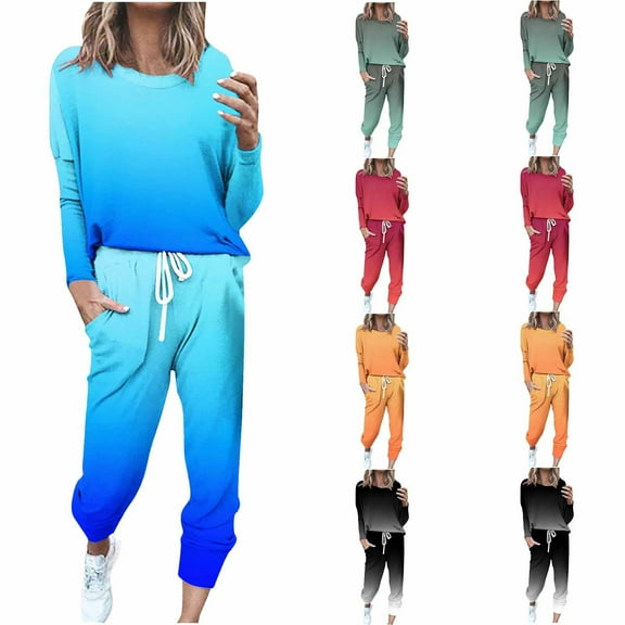 WRKEKC Two Piece Sets for Women, Casual Outfits for Women, Ladies' Trendy Casual Loose Print Long Sleeve Tops Long Pants Round Neck Drawstring Set