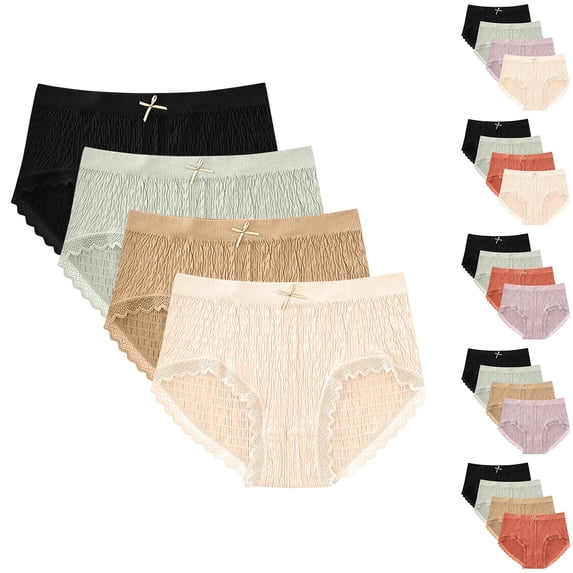 WRKEKC Underwear Women Pack 4PC Seamless Bubble Modal Mid Rise Butt Lifting Lace Trim Bikini Set Soft Wear