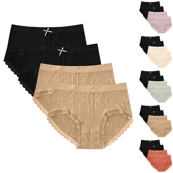 WRKEKC Underwear Women Pack 4PC Seamless Bubble Modal Mid Rise Butt Lifting Lace Trim Bikini Set Soft Wear