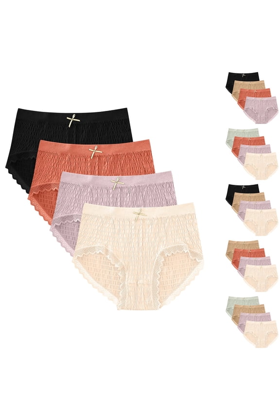 Underwear Women Pack 4PC Seamless Bubble Modal Mid Rise Butt Lifting Lace Trim Bikini Set Soft Wear