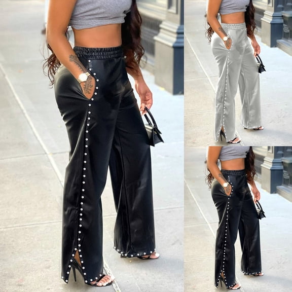 WRKEKC Wide Leg Pants for Women Rhinestone Patent Leather Pockets Loose Fit Trousers with Elastic Waist and Shiny Finish