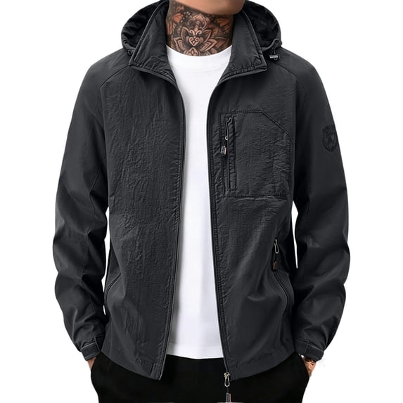 WRKEKC Windbreaker Jackets for Men Hooded Long Sleeve Zip-Up Outerwear With Zipper Pockets for Outdoor Travel and Hiking