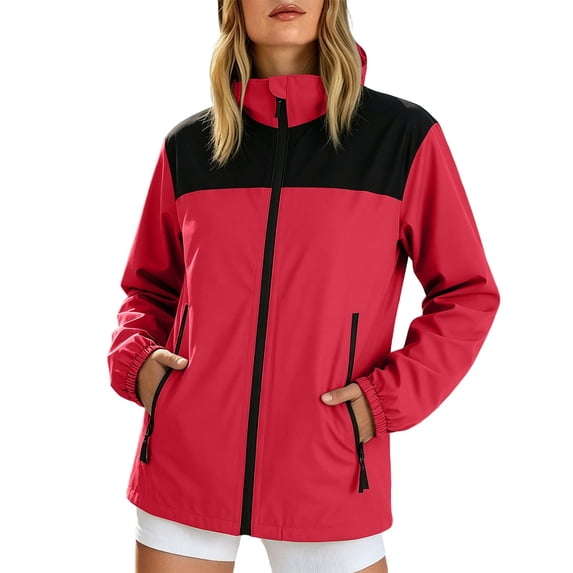 WRKEKC Windbreaker Jackets for Women Hooded Long Sleeve Zip Up Waterproof Outdoor Jacket with Multiple Pockets