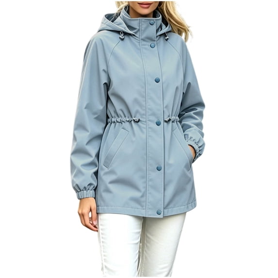 WRKEKC Windbreaker Jackets for Women Solid Color Hooded Long Sleeve Zip Up Drawstring Waist Windproof Outdoor Coat