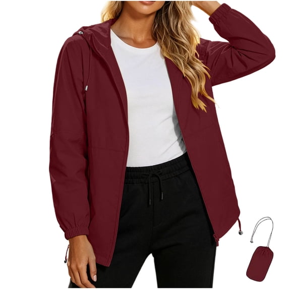 WRKEKC Windbreaker Jackets for Women Solid Color Long Sleeve Zip Up Hooded Waterproof Windproof Rain Coat with Pockets