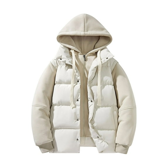 WRKEKC Winter Coats for Men Solid Color Thickened Long Sleeve Hooded Layered-Look Cotton Jacket Casual Daily Wear Men's Puffer Jacket