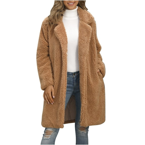 WRKEKC Winter Coats for Women Mid Length Blazer Collar Faux Fur Fluffy Coat for Women Elegant Casual Outerwear
