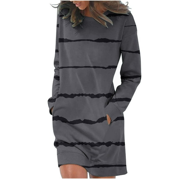 WRKEKC Winter Dresses for Women Print Round Neck Long Sleeve Sweatshirt Dress with Side Pockets Knee Length