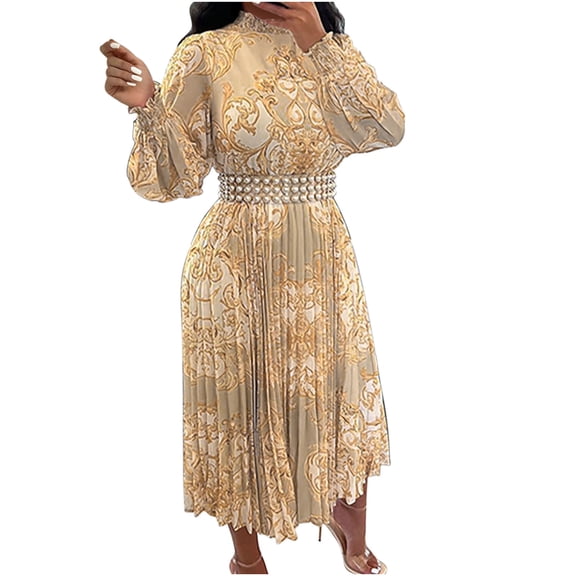 WRKEKC Winter Dresses for Women Print Semi High Neck Lantern Long Sleeve Knee Length Dress with Pearl Belt