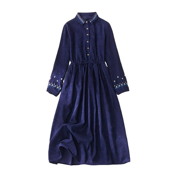WRKEKC Winter Dresses for Women Solid Color Corduroy Button Front Long Sleeve Midi Dress with Belt and Flap Pockets