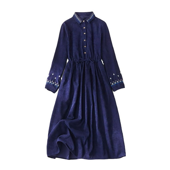 WRKEKC Winter Dresses for Women Solid Color Corduroy Button Front Long Sleeve Midi Dress with Belt and Flap Pockets