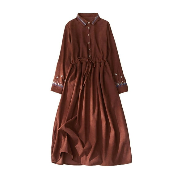 WRKEKC Winter Dresses for Women Solid Color Corduroy Button Front Long Sleeve Midi Dress with Belt and Flap Pockets