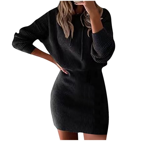 WRKEKC Winter Dresses for Women Solid Color Knit Hooded Long Sleeve Knee Length Dress with Casual Fit