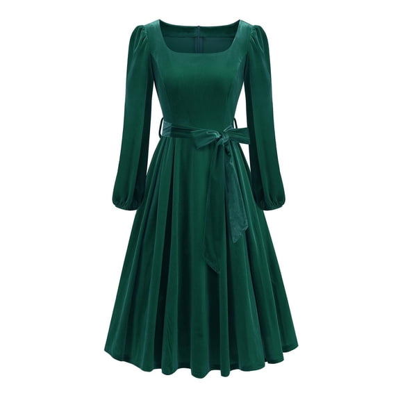 WRKEKC Winter Dresses for Women Solid Color Long Sleeve Square Neck Velvet Midi Dress with Flared Hem