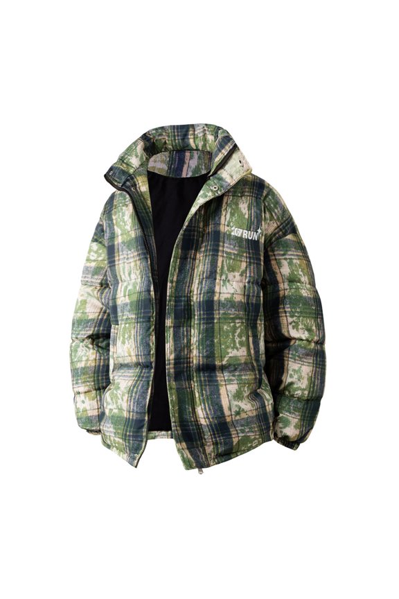 Winter Jackets for Men Plaid Splatter Long Sleeve Stand Collar Zipper Thickened Warm Cotton Jacket Casual Outdoor Wear