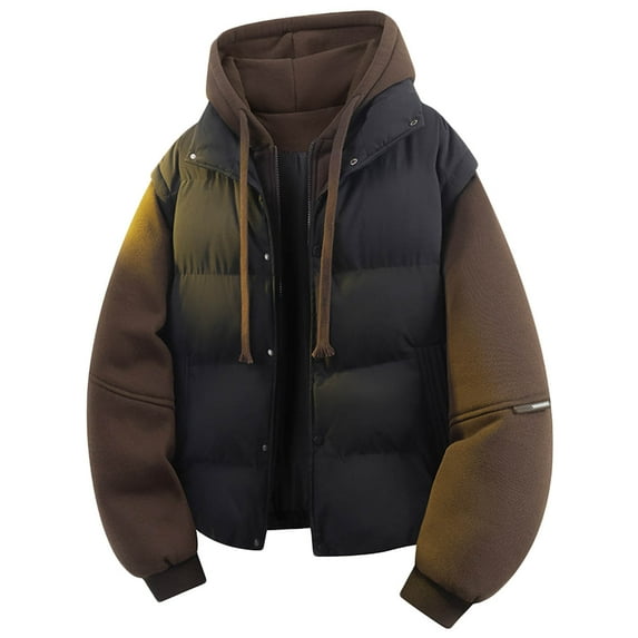 WRKEKC Winter Jackets for Men Solid Color Layered Look Vest Stand Collar Zipper Pocket Cotton Jacket Long Sleeve Casual Wear