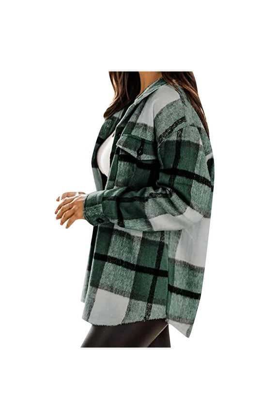 Winter Jackets for Women Trendy Flannel Plaid Buttoned Long Sleeve Wool Blend Shirt Jacket Casual Women's Outerwear Coat
