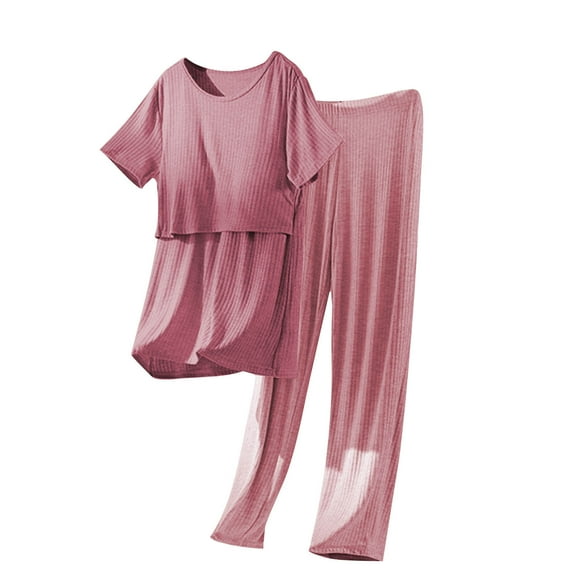 WRKEKC Winter Pajamas for Women Plus Size Solid Color Round Neck Padded Bra Maternity Nursing Short Sleeve Top Long Pant Sleepwear Set