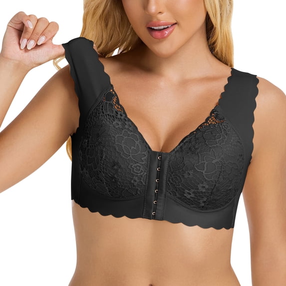 WRKEKC Wireless Bras for Women Front Closure Bra with Lace Trim and Push Up Padding for Light Support