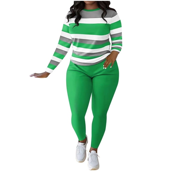 WRKEKC Women Outfits Sets Casual Stripe Long Sleeve Round Neck Top with Pants Two Piece Set for Simple Everyday Wear