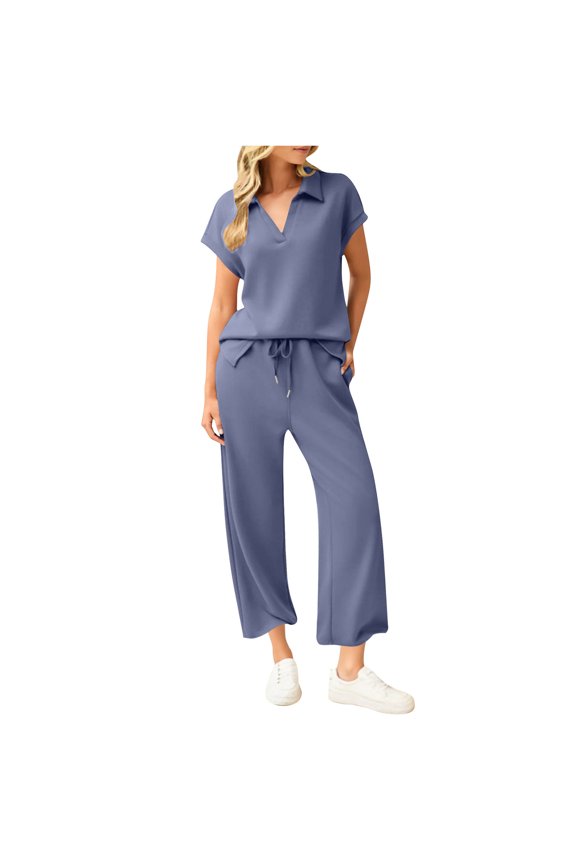Women Outfits Sets Loose Fit V-Neck Short Sleeve Top with Drawstring Design Elastic Waist Flared Pants Set for Casual