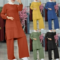 WRKEKC Women Outfits Sets, Womens Sets 2 Piece Outfits, Ladies' Casual Fall Solid Color Muslim Solid Color Long Sleeve Shirt and Wide Leg Pants Suit