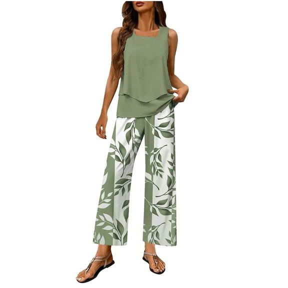 WRKEKC Women Outfits Sets, Womens Sets 2 Piece Outfits, Ladies' Casual Summer Round Neck Sleeveless Tank Tops and Loose Long Pants Suits