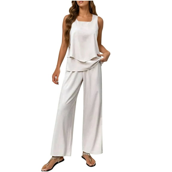 WRKEKC Women Outfits Sets, Womens Sets 2 Piece Outfits, Ladies' Casual Summer Round Neck Sleeveless Tank Tops and Loose Long Pants Suits