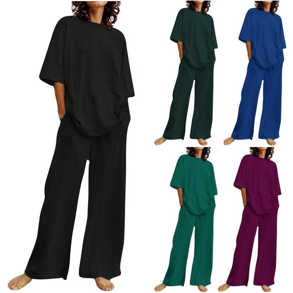 WRKEKC Women Outfits Sets Ladies' Summer Casual Short Sleeve Round Neck Tops and Loose Straight Tube Long Pants with Pocket Set
