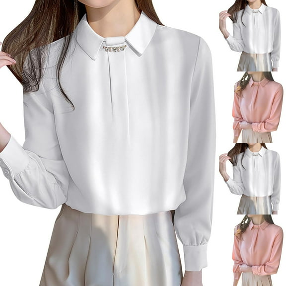 WRKEKC Women's Business Casual Tops, Summer Blouses for Women, Women's Solid Color Round Neck Work Business Lapel Collar Formal Long Sleeve Tops Blouses