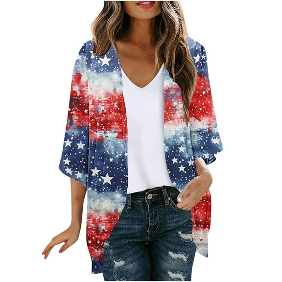 WRKEKC Women's Independence Day Printed Open Front Cardigan Long Sleeve Coat Top for Women Spring Summer Fall Trendy Casual Outfits