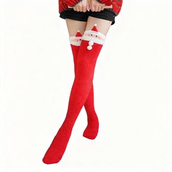 WRKEKC Women's Christmas Knee High Socks Coral Fleece Thickened Warm Holiday Socks with Santa Design for Fall Winter Casual Wear