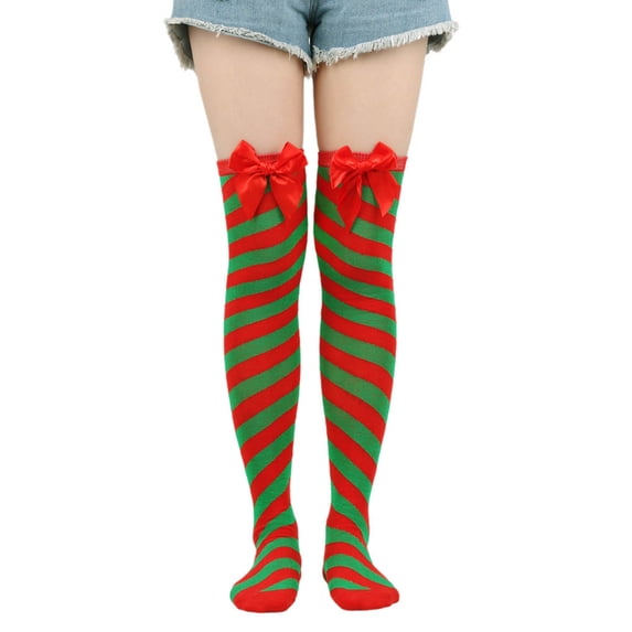 WRKEKC Women's Christmas Knee High Socks Striped Design with Bow Detail Warm Cozy Over The Knee Socks for Holiday Season and Casual Fashion Wear