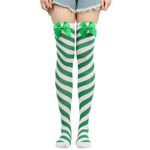 WRKEKC Women's Christmas Knee High Socks Striped Design with Bow Detail Warm Cozy Over The Knee Socks for Holiday Season and Casual Fashion Wear