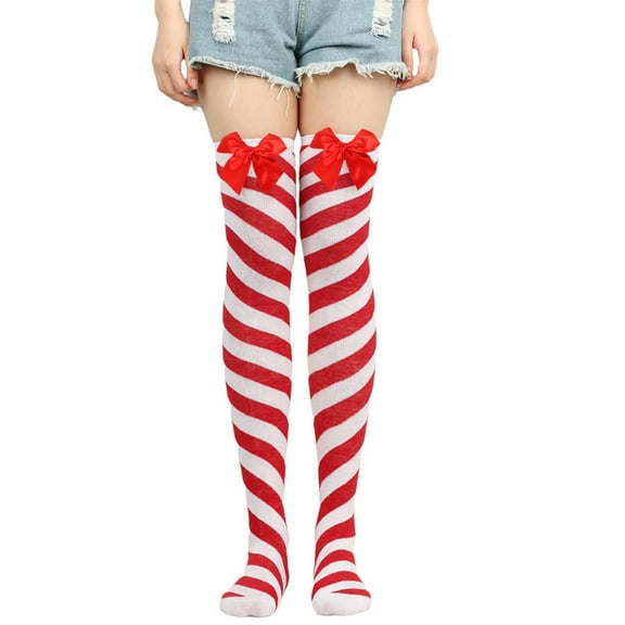 WRKEKC Women's Christmas Knee High Socks Striped Design with Bow Detail Warm Cozy Over The Knee Socks for Holiday Season and Casual Fashion Wear