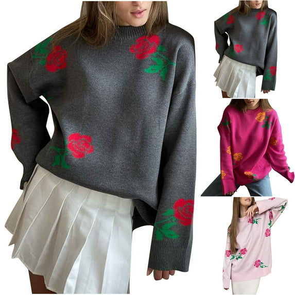 WRKEKC Women's Colorful Rose Knit Pullover Sweater Crewneck Long Sleeve Fall Winter Casual Loose Fit Floral Design Unique Womens Sweater