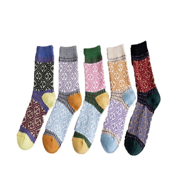 WRKEKC Women's Crew Wool Socks Ethnic Pattern Color Block Mid Calf Socks for Fall Winter Warm Cozy and Trendy Casual Wear
