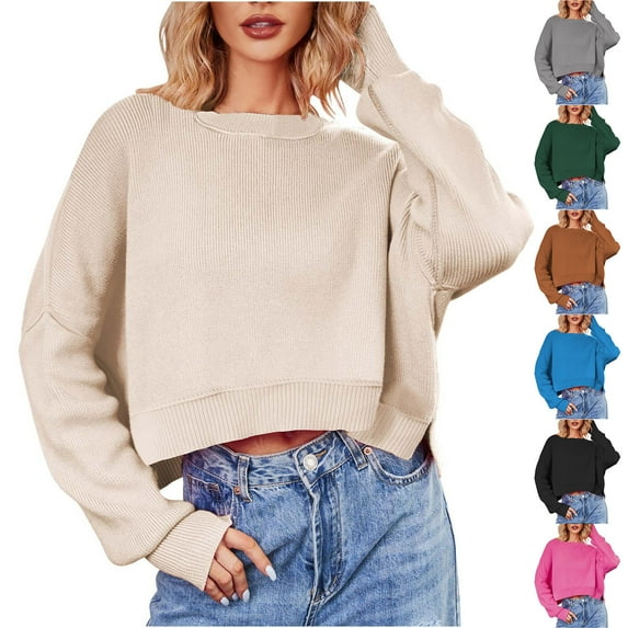 WRKEKC Women's Crewneck Knit Pullover Sweater Long Sleeve Casual Plain Simple Loose Fit Soft Cozy Womens Sweater
