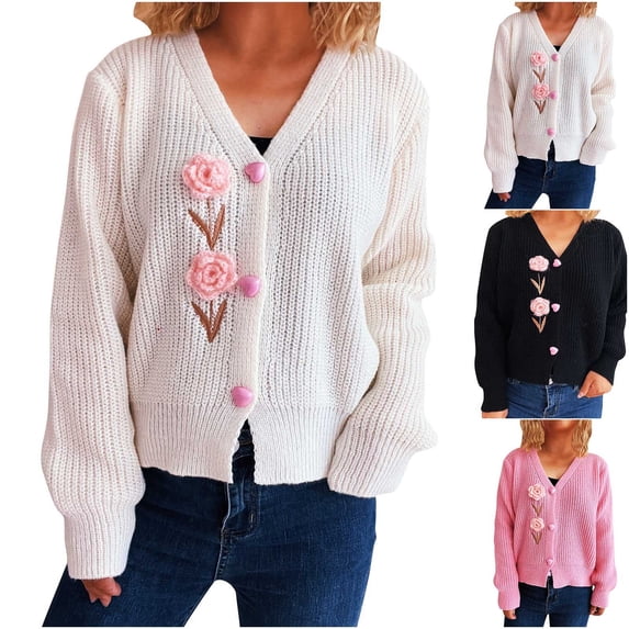 WRKEKC Women's Floral Button Cardigan Sweater V Neck Open Front Knit Jacket Long Sleeve Fall Layering Piece with Pockets